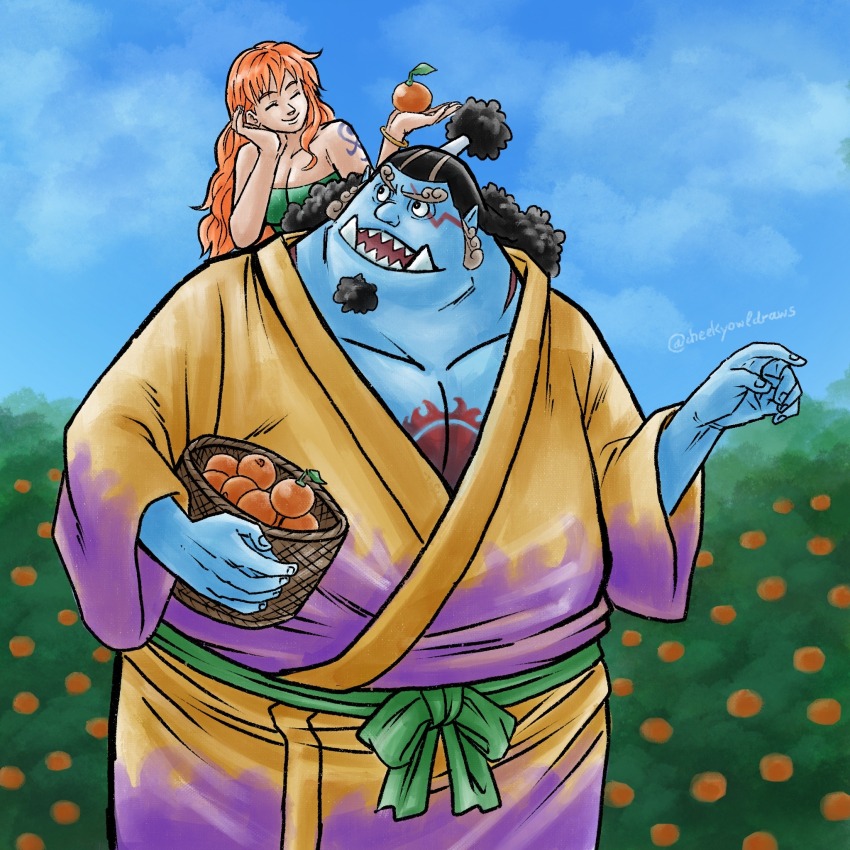 1boy, 1girl, arm_tattoo, bandeau, basket, black_hair, blue_skin, blue_sky