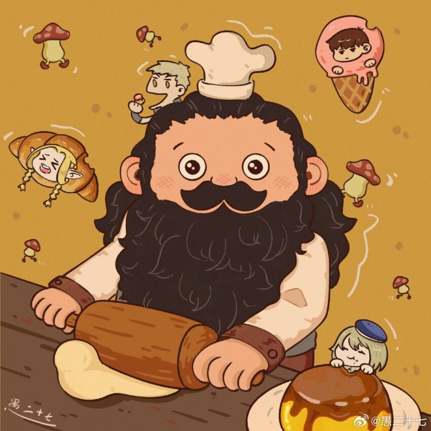 >_<, 2girls, 3boys, artist_request, beard, blush, brown_hair, chef