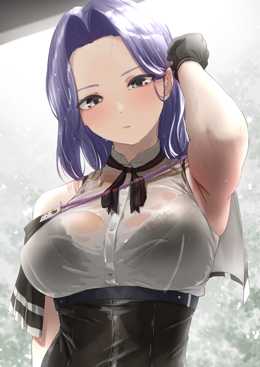 1girl, absurdres, adjusting_hair, armpit_crease, black_bra, bra, bra_visible_through_clothes, breasts, commission, highres, kantai_collection, large_breasts, looking_at_viewer, neck_ribbon, outdoors, purple_eyes, purple_hair, rain, ribbon, shirt, short_hair, skeb_commission, solo, taking_shelter, tama_(tamago), tatsuta_(kancolle), tatsuta_kai_ni_(kancolle), underwear, wet, wet_clothes, wet_shirt, white_shirt