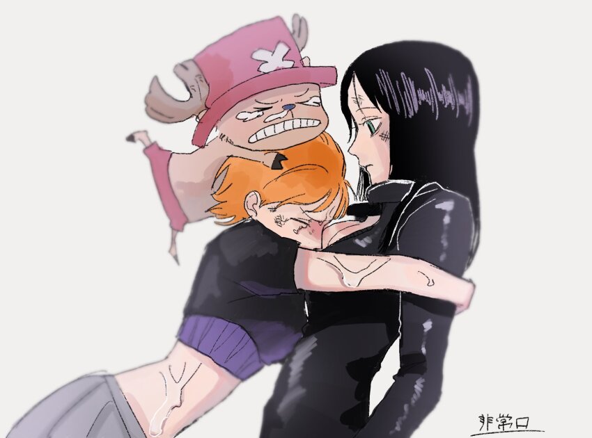 1boy, 2girls, antlers, black_dress, black_hair, blue_eyes, commentary, crop_top