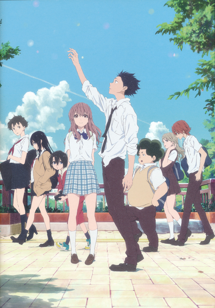 3boys, 5girls, absurdres, afro, artist_request, bag, black_hair, blue_skirt