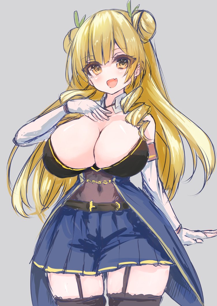 1girl, :d, arm_at_side, assault_lily, belt, black_belt, black_shirt, black_thighhighs, blonde_hair, blue_skirt, breasts, cleavage, covered_navel, detached_collar, double_bun, elbow_gloves, fang, fingerless_gloves, garter_straps, gloves, green_ribbon, grey_background, hair_bun, hair_ribbon, hand_on_own_chest, hand_up, large_breasts, long_hair, looking_at_viewer, miniskirt, neni_hatahachi, odaiba_girls_high_school_uniform, open_mouth, pleated_skirt, ribbon, saigou_kurena, school_uniform, shirt, simple_background, skin_fang, skirt, sleeveless, sleeveless_shirt, smile, solo, standing, thighhighs, very_long_hair, waist_cape, white_gloves, yellow_eyes