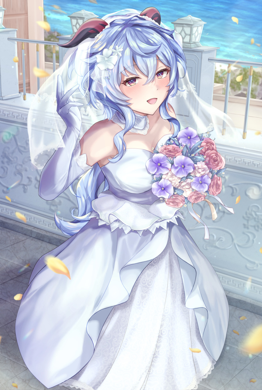 1girl, :d, absurdres, alternate_costume, blue_hair, bouquet, breasts, bridal_veil