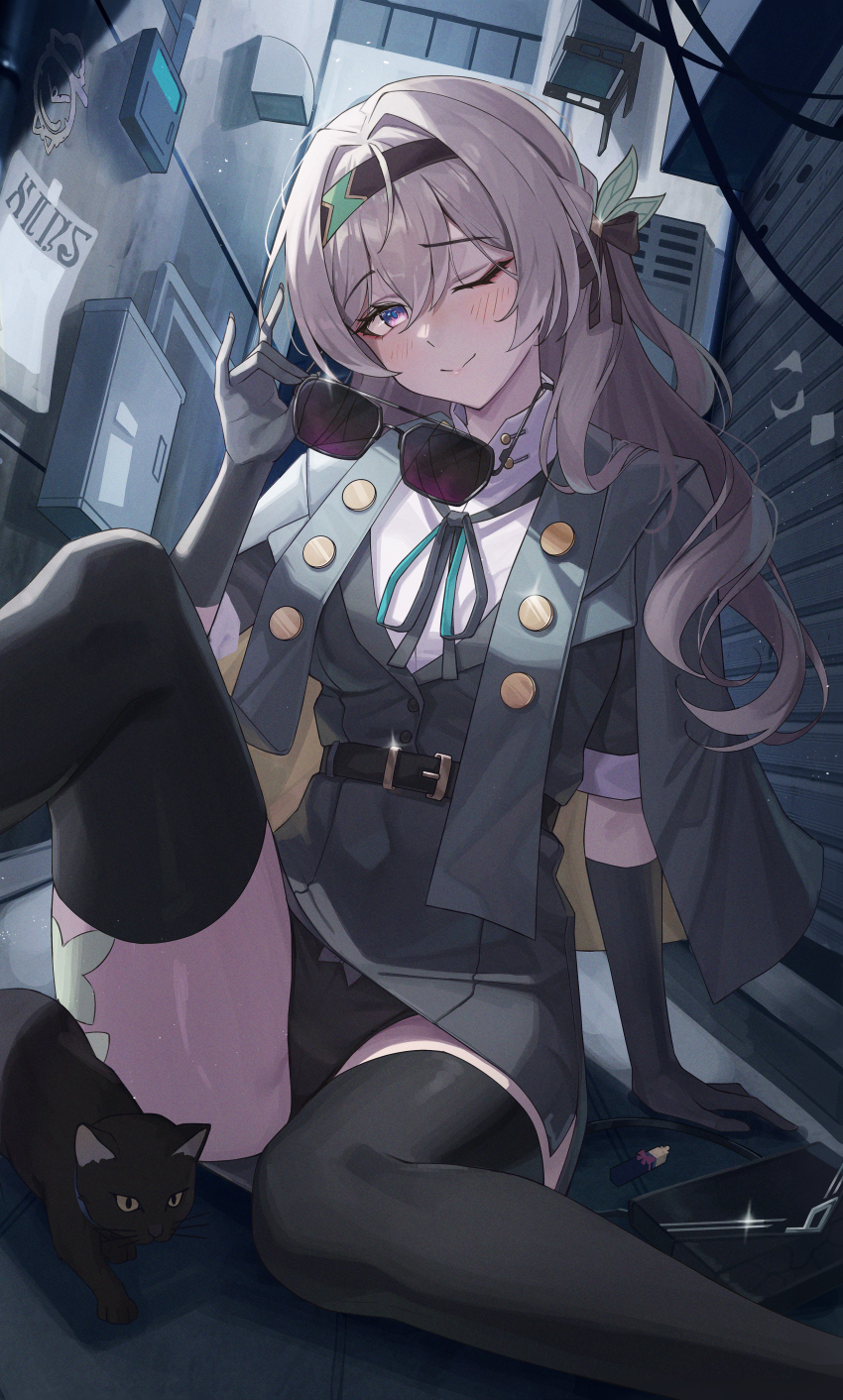 1girl, absurdres, aqua_ribbon, arm_support, bakoko, belt, black-framed_eyewear, black_belt, black_gloves, black_panties, black_thighhighs, capelet, cat, closed_mouth, commentary, condenser_unit, firefly_(honkai:_star_rail), firefly_(jepella_rebellion)_(honkai:_star_rail), gloves, grey_hair, hair_between_eyes, hair_ornament, hairband, highres, holding, holding_removed_eyewear, honkai:_star_rail, honkai_(series), long_hair, looking_at_viewer, multicolored_eyes, official_alternate_costume, one_eye_closed, outdoors, panties, revision, ribbon, short_sleeves, smile, solo, sunglasses, thighhighs, underwear, unworn_eyewear