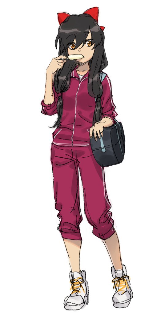 1girl, arm_up, bag, black_hair, bow, chiganemaru_(tenka_hyakken), collarbone, commentary_request