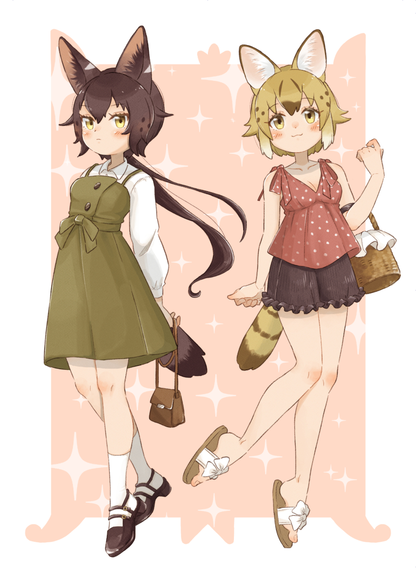0nanaten, 2girls, :3, alternate_costume, animal_ears, bag, bare_shoulders, basket
