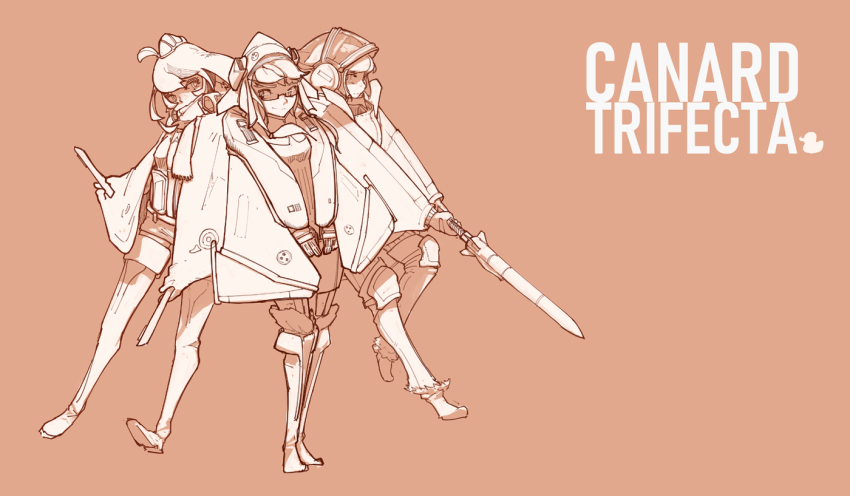 3girls, aircraft, airplane, canards, dassault_rafale, dynamic_pose, eurofighter_typhoon, fighter_jet, ftsagy, full_body, glasses, hat, hood, hoodie, jacket, long_sleeves, military_vehicle, missile, monochrome, multiple_girls, non-web_source, original, personification, saab_gripen, sepia, standing