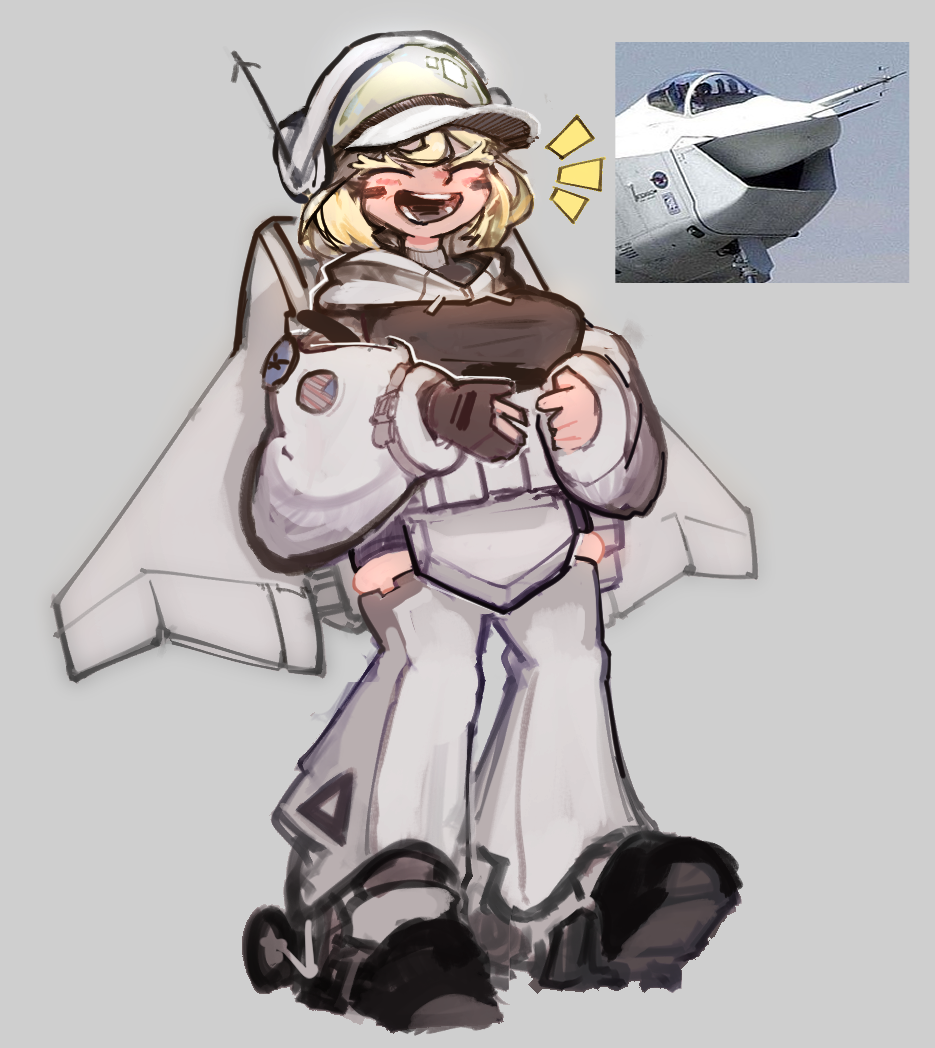 1girl, aircraft, airplane, blonde_hair, blush, boeing_x-32, breasts, colored_eyelashes