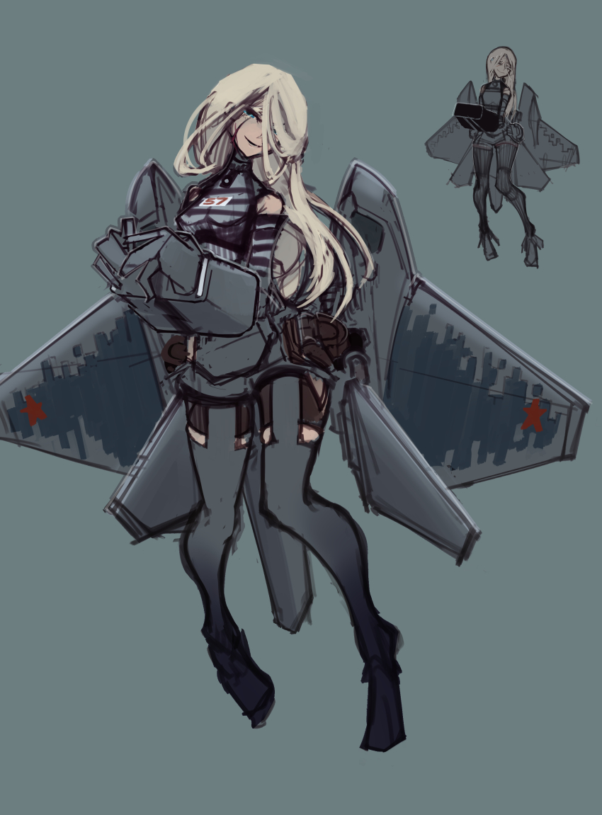 1girl, absurdres, aircraft, airplane, bare_shoulders, blonde_hair, blue_eyes, fighter_jet, ftsagy, full_body, highres, long_hair, military_vehicle, non-web_source, original, personification, prisoner, restrained, russian_air_force, scar, shirt, sketch, striped_clothes, striped_shirt, su-57, telnyashka, thighhighs, wings