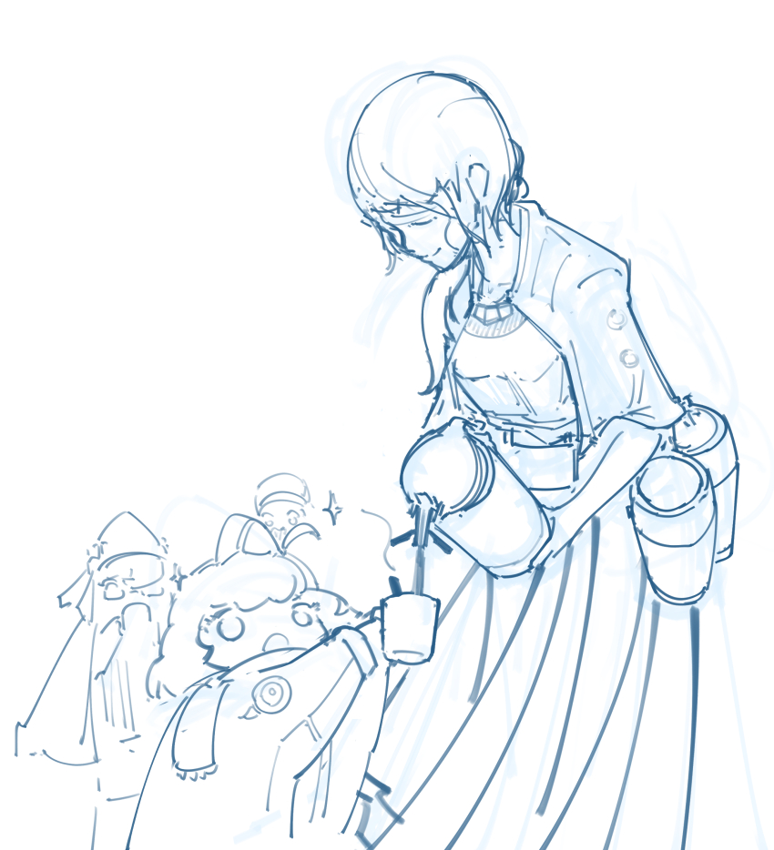 4girls, absurdres, ahoge, aircraft, airplane, chibi, closed_eyes, cup