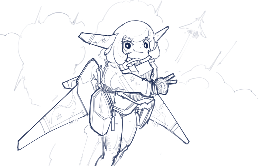 1girl, ace_combat, aircraft, airplane, antennae, cloud, fighter_jet, fingerless_gloves