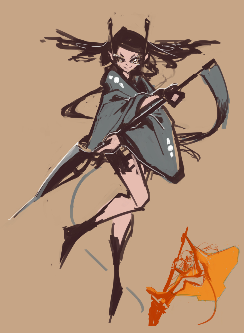 1girl, absurdres, aircraft, airplane, antennae, black_hair, fighter_jet, fingerless_gloves