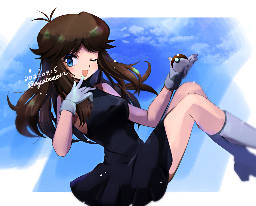 1girl, ;d, ahoge, ayateaori, bare_shoulders, black_dress, blue_eyes, blush