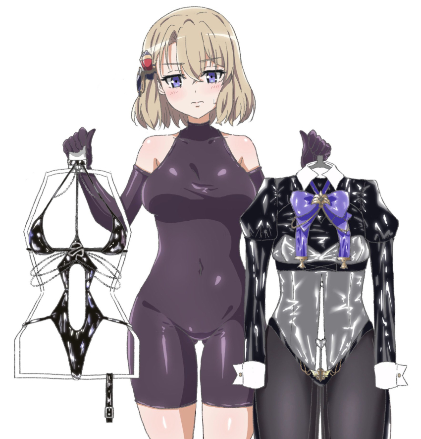 azur_lane, bikini, black_bikini, blue_eyes, bodysuit, bow, breasts, cheshire_(azur_lane)