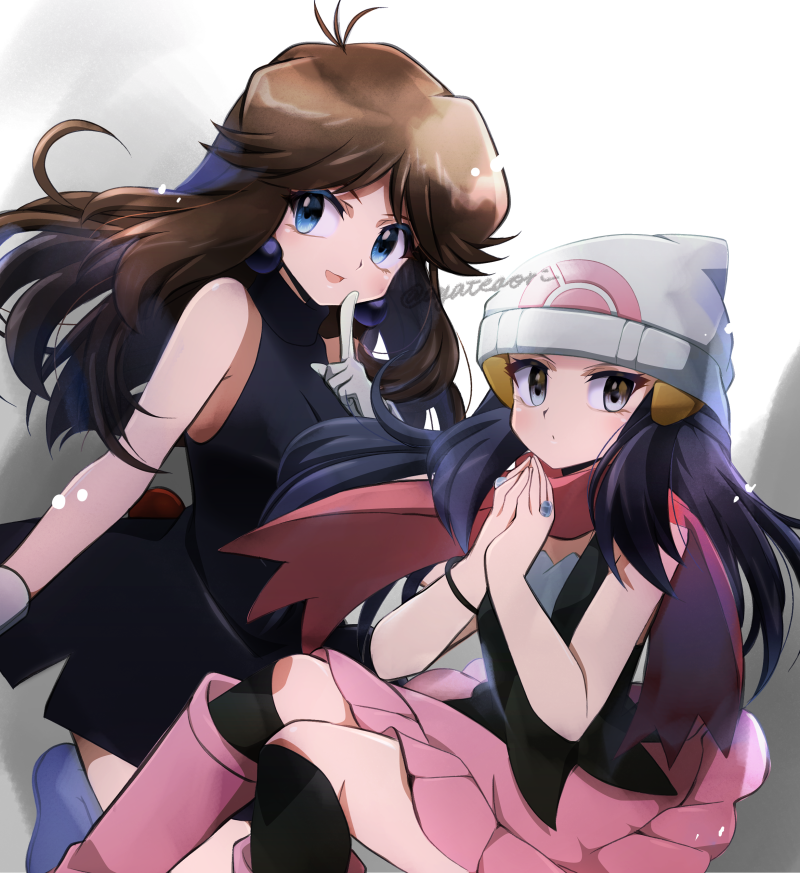 2girls, :d, ahoge, ayateaori, beanie, black_dress, black_hair, black_shirt