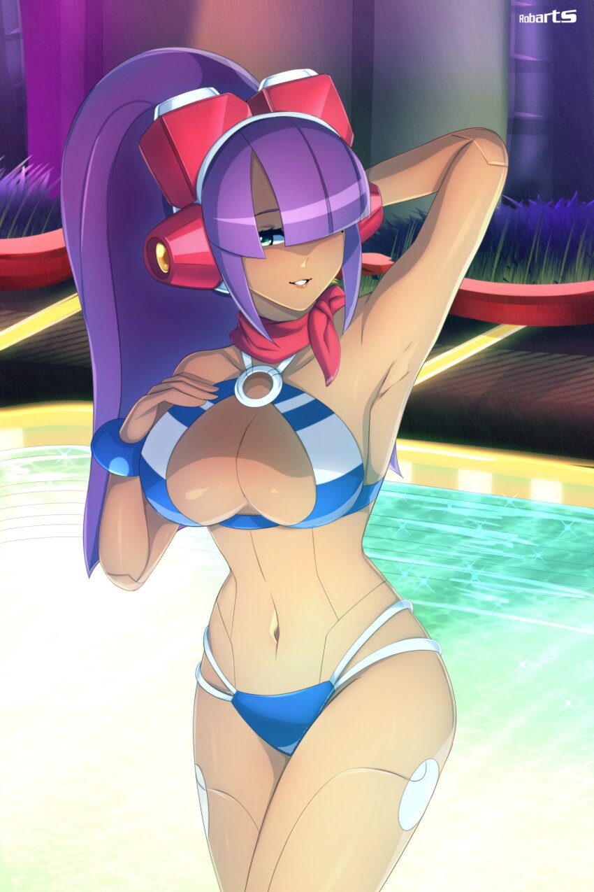 1girl, absurdres, android, arm_behind_back, armpits, bandana, bandana_around_neck, bikini