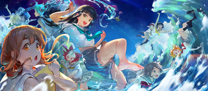 6+girls, absurdres, banzai!_digital_trippers, barefoot, chinese_commentary, commentary, crossover, feet, group_name, hatsune_miku, highres, kunikida_hanamaru, kurosawa_dia, kurosawa_ruby, loafers, love_live!, love_live!_sunshine!!, matsuura_kanan, multiple_girls, neckerchief, ohara_mari, pleated_skirt, sailor_collar, sakurauchi_riko, school_uniform, shoes, skirt, socks, soles, t_lock, takami_chika, toes, tsushima_yoshiko, uranohoshi_school_uniform, variant_set, vocaloid, watanabe_you, water, waves