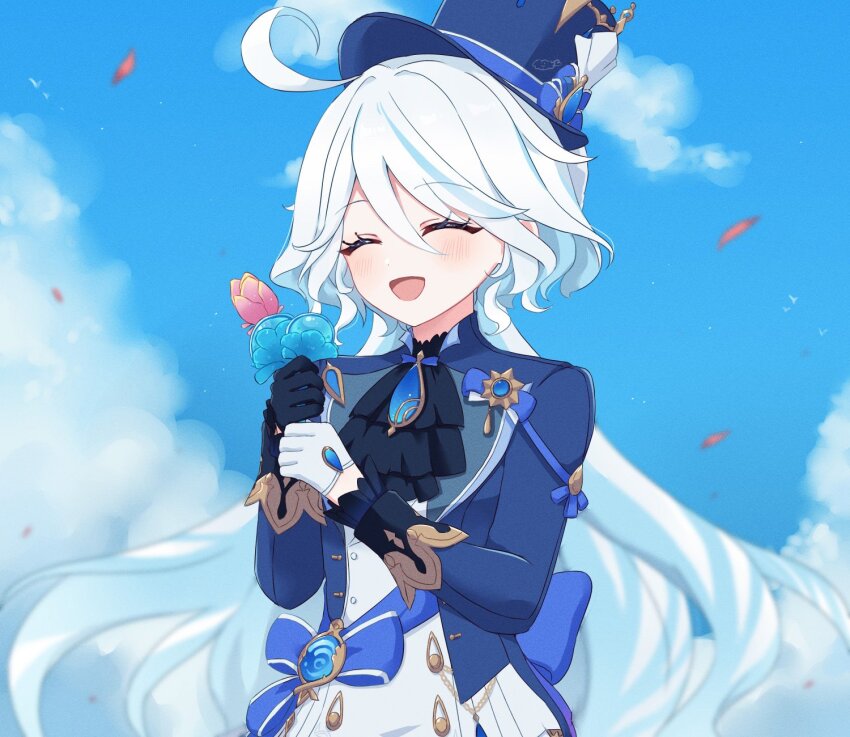 1girl, :d, ahoge, ascot, asymmetrical_gloves, black_ascot, black_gloves, blue_bow, blue_gem, blue_hair, blue_hat, blue_jacket, blue_sky, blush, bow, closed_eyes, cloud, commentary_request, flower, furina_(genshin_impact), gem, genshin_impact, gloves, hair_between_eyes, hat, hat_bow, highres, holding, holding_flower, jacket, light_blue_hair, lolita_fashion, long_hair, long_sleeves, miori_(ebiumaimgmg), mismatched_gloves, open_mouth, ouji_fashion, rainbow_rose_(genshin_impact), romaritime_flower, simple_bird, sky, smile, solo, tilted_headwear, top_hat, upper_body, very_long_hair, vision_(genshin_impact), white_gloves, white_hair