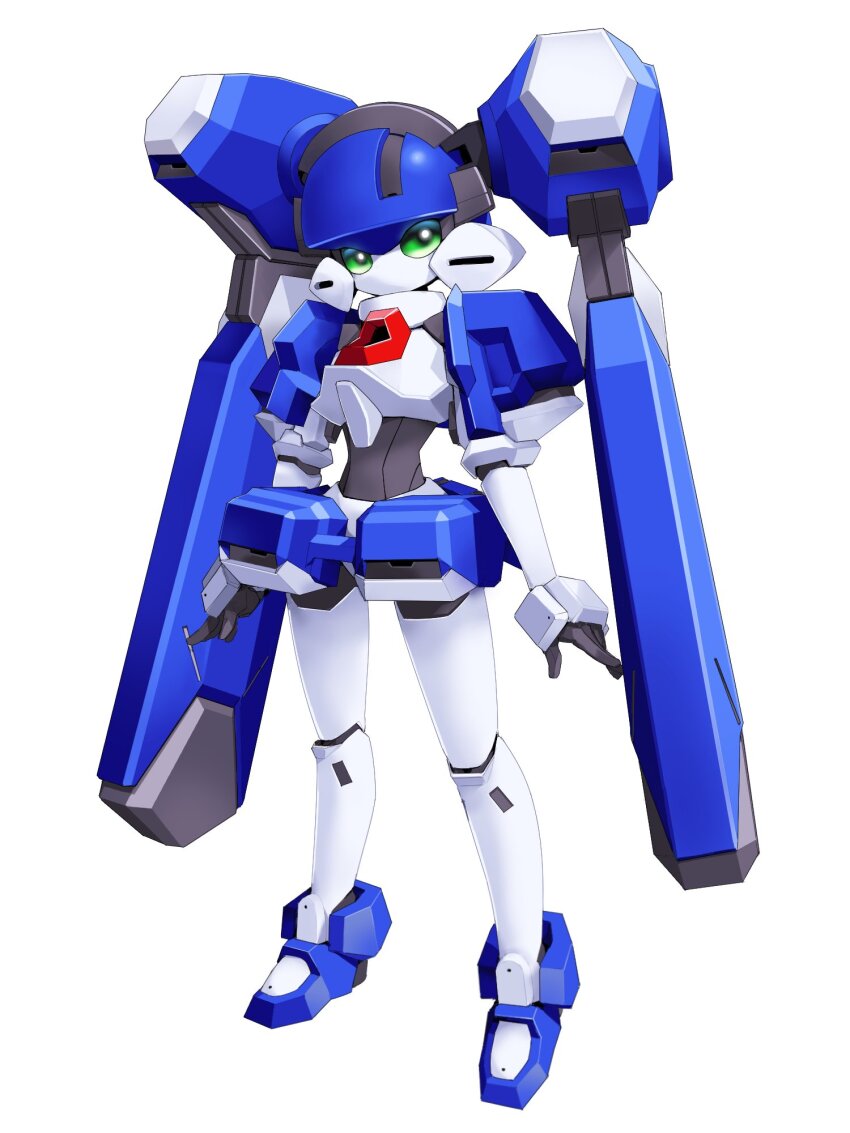 1girl, blazermate, green_eyes, highres, humanoid_robot, looking_at_viewer, medarot, medarot_navi, no_humans, robot, robot_girl, solo, standing, twintails, white_background