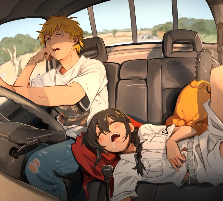 1boy, 1girl, 1other, absurdres, alternate_costume, barem_(chainsaw_man), belt, black_hair, blonde_hair, blue_sky, braid, breast_pocket, brown_eyes, chainsaw_man, clenched_hand, commentary, crossed_bangs, day, denim, denji_(chainsaw_man), driving, drooling, dutch_angle, english_commentary, family_guy_death_pose_(meme), gradient_sky, grey_belt, hand_on_own_cheek, hand_on_own_face, head_rest, highres, jacket, jeans, kei_truck, khyle., light_blush, long_hair, meme, messy_hair, motor_vehicle, nayuta_(chainsaw_man), open_mouth, outdoors, pants, pochita_(chainsaw_man), pocket, print_shirt, road, safari_jacket, sharp_teeth, shirt, short_hair, shorts, sidelocks, single_braid, sky, sleeping, steering_wheel, teeth, torn_clothes, torn_jeans, torn_pants, tree, truck, vehicle_interior, white_jacket, white_shirt, white_shorts