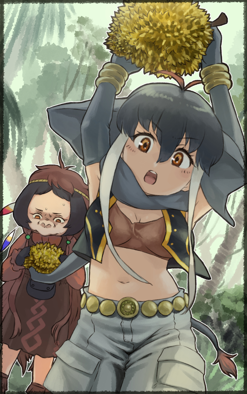 2girls, absurdres, animal_ears, arms_up, black_hair, borneo_elephant_(kemono_friends), brown_hair, day