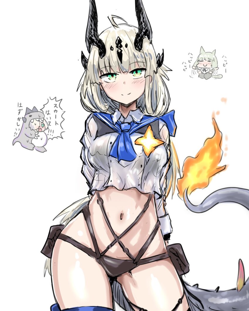 3girls, animal_ears, arknights, bikini, black_bikini, blonde_hair, cat_ears, cat_girl, dinosaur_costume, dragon_girl, dragon_horns, dragon_tail, fire, flame-tipped_tail, geist43195783, green_eyes, happy_happy_happy_cat_(meme), harmonie_(arknights), highres, horns, long_hair, looking_at_viewer, meme, multiple_girls, navel, necrass_(arknights), official_alternate_costume, open_mouth, reed_(arknights), reed_the_flame_shadow_(arknights), reed_the_flame_shadow_(summer_flower)_(arknights), sailor_collar, sailor_shirt, shirt, simple_background, smile, stomach, swimsuit, tail, translation_request, white_background, white_shirt