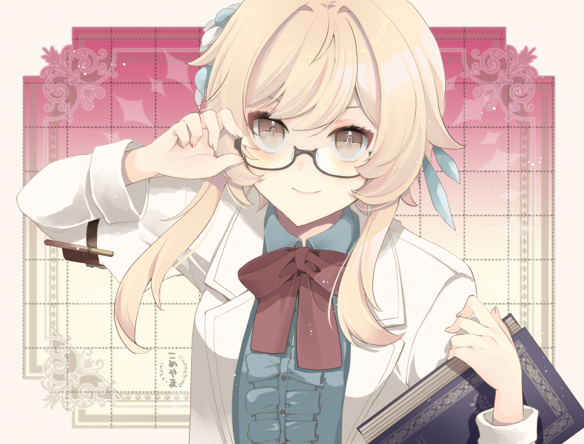 1girl, adjusting_eyewear, arm_pouch, artist_name, bespectacled, black-framed_eyewear, blonde_hair, blue_shirt