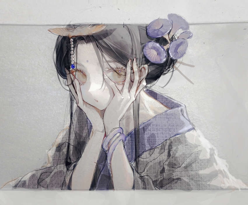 1girl, bad_bcy_id, bad_id, bird_hair_ornament, black_hair, bracelet, chenyue_sak, chinese_clothes