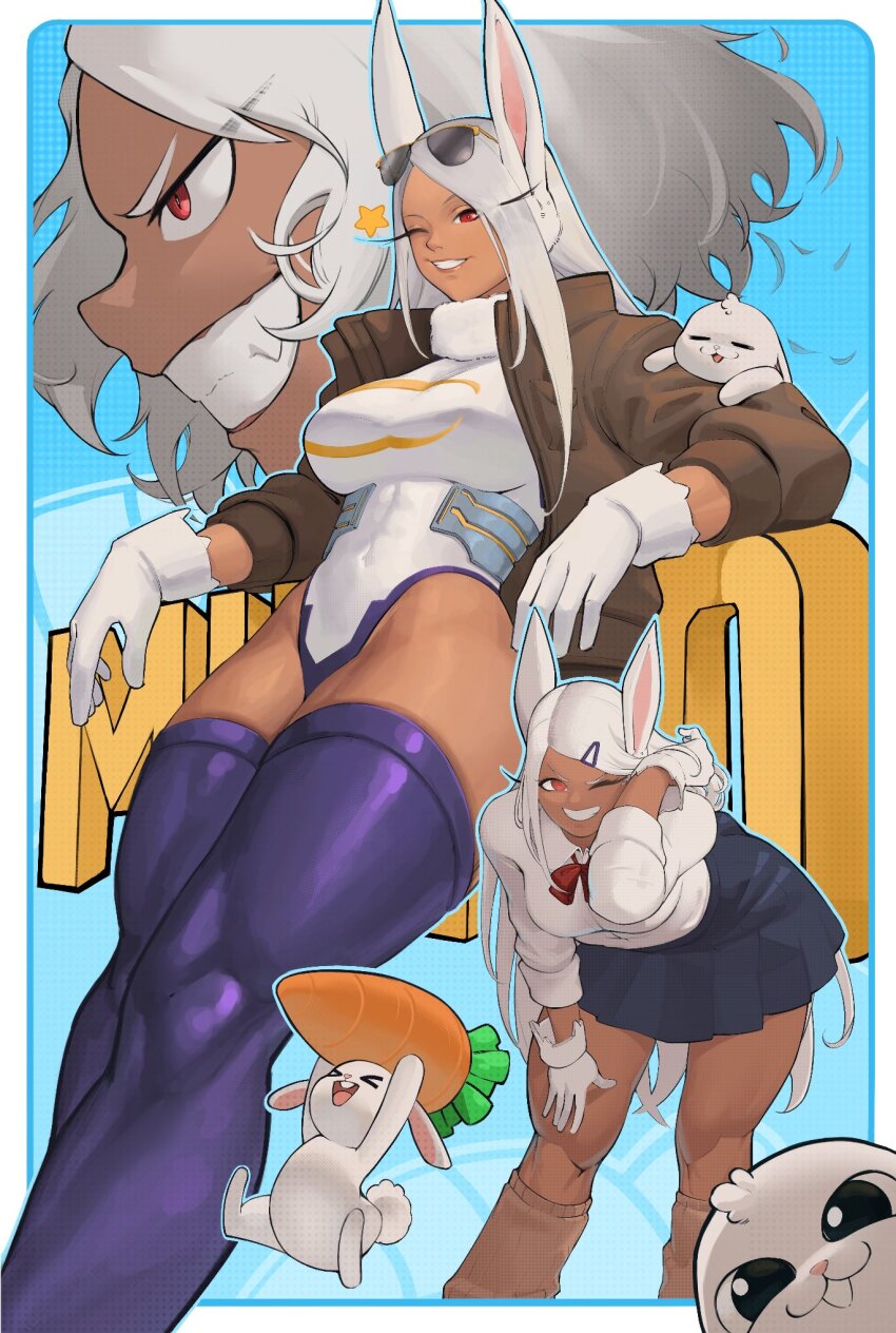 >_<, 1girl, ;d, animal_ears, blue_background, blue_outline, blue_skirt, boku_no_hero_academia, border, bow, breasts, brown_jacket, carrot, character_name, commentary, covered_abs, covered_navel, crescent_print, dark-skinned_female, dark_skin, english_commentary, eyewear_on_head, fur_collar, gloves, grin, hair_ornament, hairclip, hand_in_own_hair, hand_on_own_thigh, highleg, highleg_leotard, highres, jacket, large_breasts, leaning_forward, leaning_on_object, leotard, long_eyelashes, long_hair, looking_at_viewer, loose_socks, mirko, multiple_views, one_eye_closed, open_mouth, outline, parted_bangs, purple_thighhighs, rabbit, rabbit_ears, rabbit_girl, rabbit_on_shoulder, rabbit_tail, red_bow, red_eyes, school_uniform, shirt, short_hair, skirt, sleeveless_turtleneck_leotard, smile, socks, sunglasses, tail, taut_leotard, teeth, thick_thighs, thighhighs, thighs, toned, toned_female, very_long_hair, white_border, white_gloves, white_hair, white_leotard, white_shirt, zukululuu