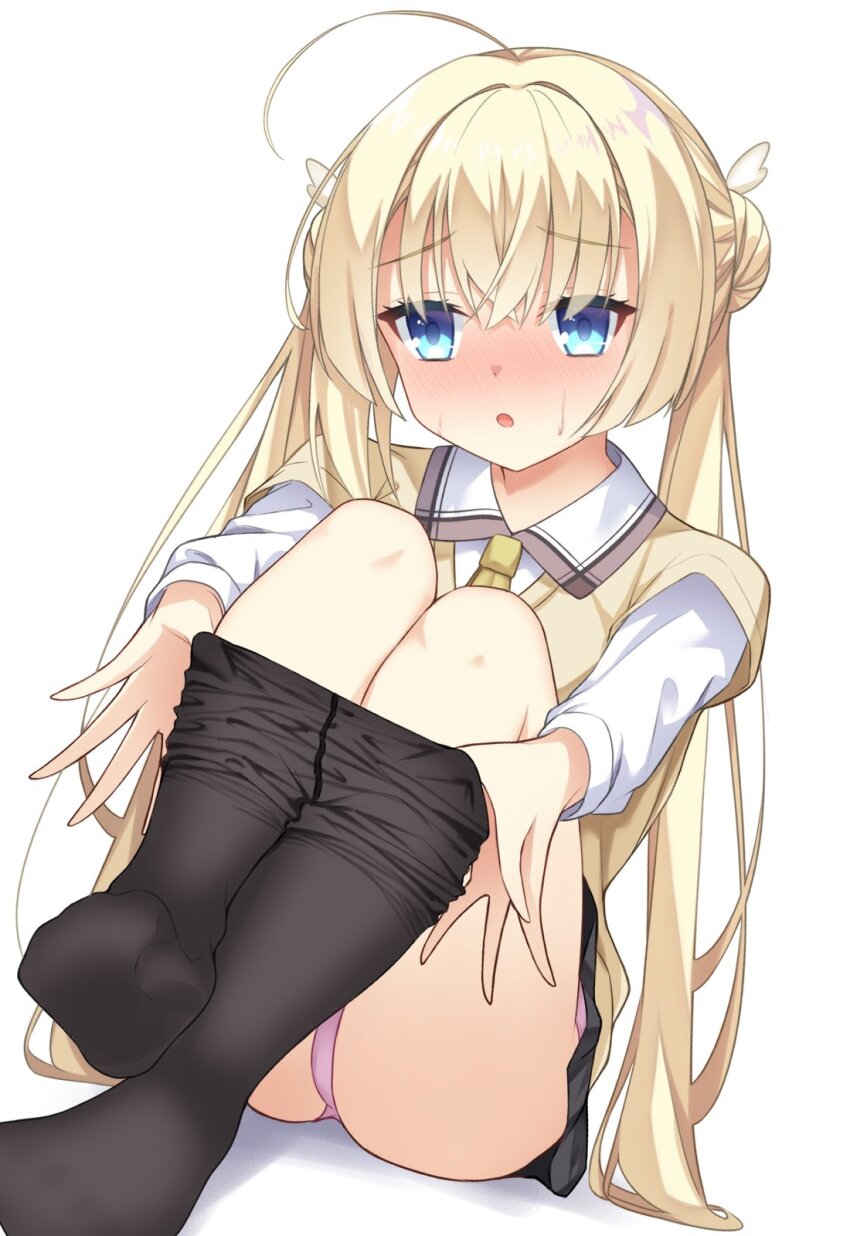 1girl, :o, ahoge, black_pantyhose, black_skirt, blonde_hair, blue_eyes, blush
