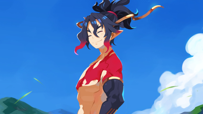 1boy, black_hair, blue_sky, closed_eyes, demon_boy, disgaea, fuji_(disgaea), harada_takehito
