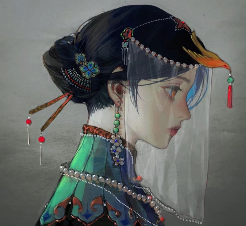 1girl, bad_bcy_id, bad_id, beads, bird_hair_ornament, black_hair, chenyue_sak, chinese_clothes, chinese_commentary, closed_mouth, collared_dress, commentary_request, dress, earrings, expressionless, flower, flower_earrings, from_side, green_dress, grey_background, hair_beads, hair_bun, hair_ornament, hairpin, high_collar, jewelry, lace-trimmed_veil, lace_trim, lipstick, makeup, mascara, necklace, orange_eyes, original, pearl_necklace, portrait, red_eyes, red_lips, see-through_clothes, see-through_veil, short_hair, simple_background, single_hair_bun, solo, sphere_earrings, tassel, thick_eyebrows, upper_body, veil, white_flower, white_veil