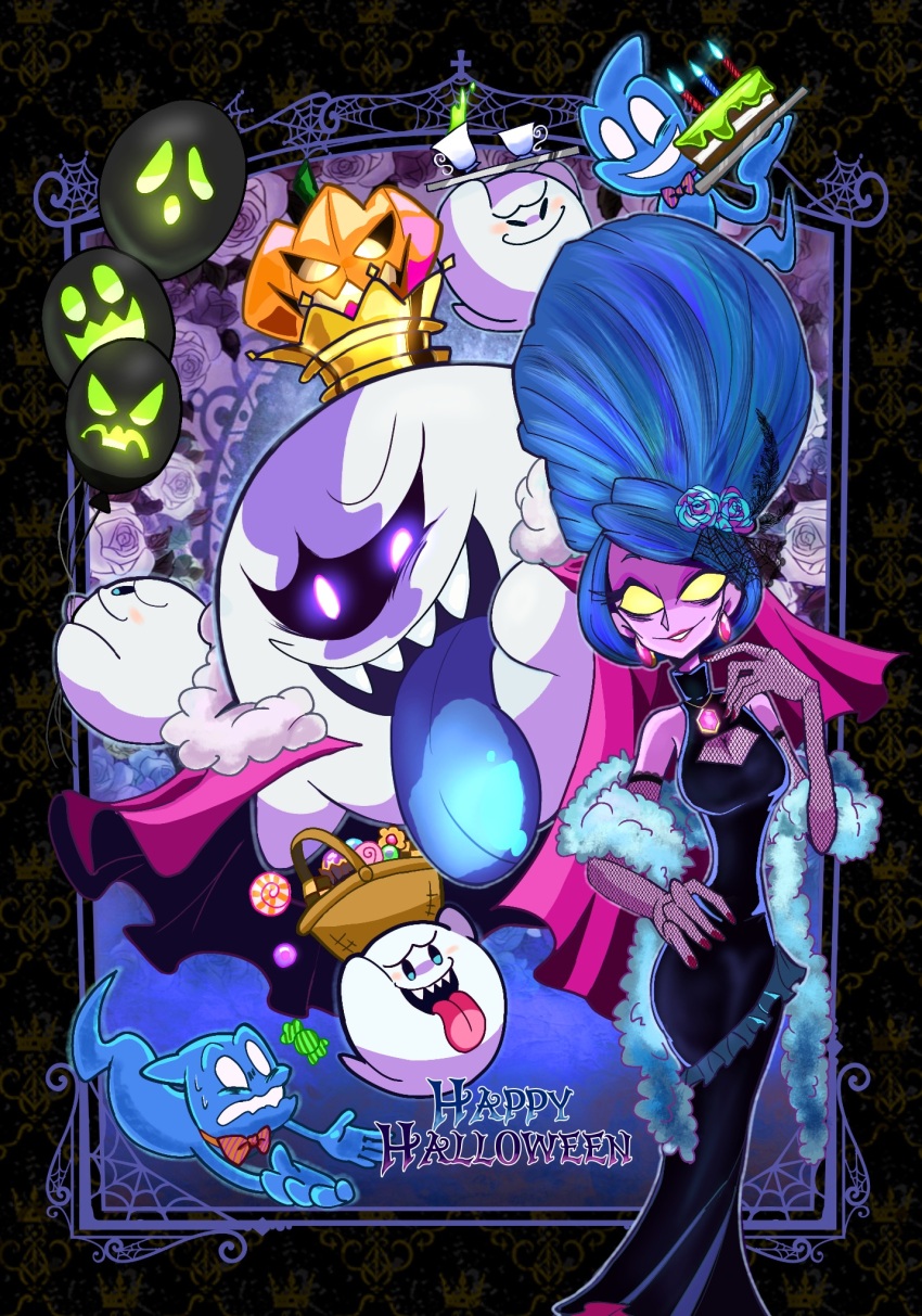 1girl, 3boys, beehive_hairdo, blue_hair, boo_(mario), closed_eyes, closed_mouth, colored_skin, crown, dress, earrings, eyelashes, feather_boa, gem, ghost, glowing, glowing_eyes, goob_(luigi's_mansion), halloween, happy_halloween, hellen_gravely, highres, jack-o'-lantern, jewelry, king_boo, luigi's_mansion, luigi's_mansion_3, mario_(series), multiple_boys, nintendo, open_mouth, purple_skin, red_eyes, red_gem, sharp_teeth, smile, teeth, tongue, tongue_out, yuzutsan
