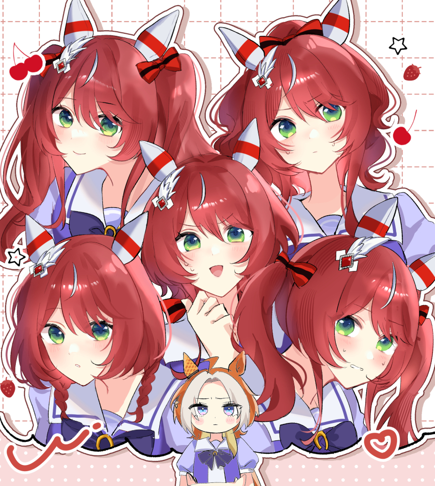 2girls, ahoge, alternate_hairstyle, animal_ears, blush, blush_stickers, bow, brown_hair, closed_mouth, commentary_request, crossed_arms, ear_bow, ear_covers, ear_ornament, green_eyes, hair_between_eyes, hair_ornament, highres, horse_ears, horse_girl, koyox_ll, long_hair, looking_at_viewer, multicolored_hair, multiple_girls, multiple_views, orfevre_(umamusume), ponytail, puffy_short_sleeves, puffy_sleeves, purple_bow, purple_shirt, red_eyes, red_hair, ribbon, sailor_collar, school_uniform, shirt, short_sleeves, single_ear_cover, smile, streaked_hair, summer_uniform, tracen_school_uniform, twintails, umamusume, upper_body, white_background, win_variation_(umamusume)