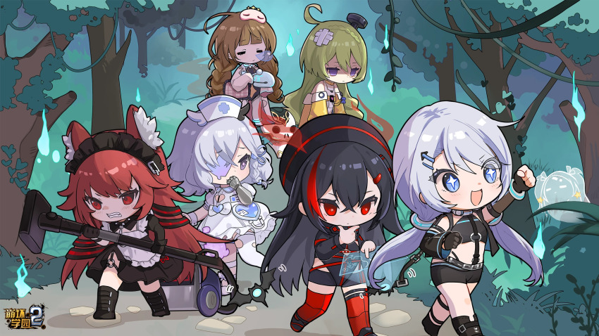 +_+, 6+girls, ahoge, animal_ears, ares_(honkai_gakuen), beret, black_gloves, black_hair