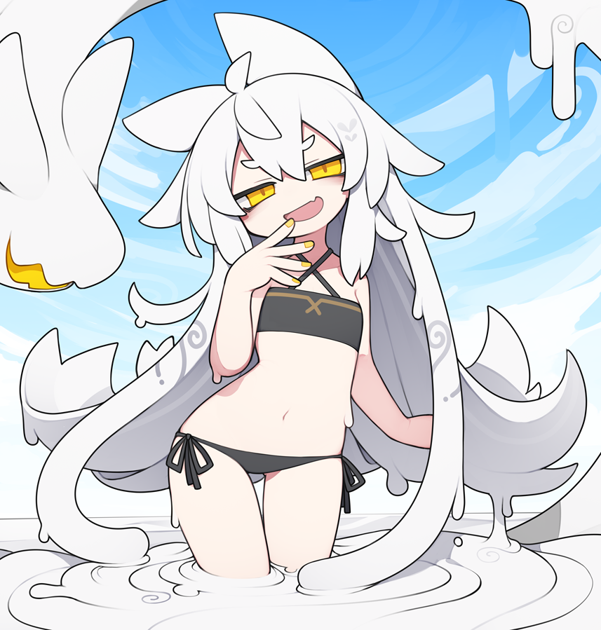 1girl, :d, ahoge, animal_ears, arm_at_side, bags_under_eyes, bikini, black_bikini