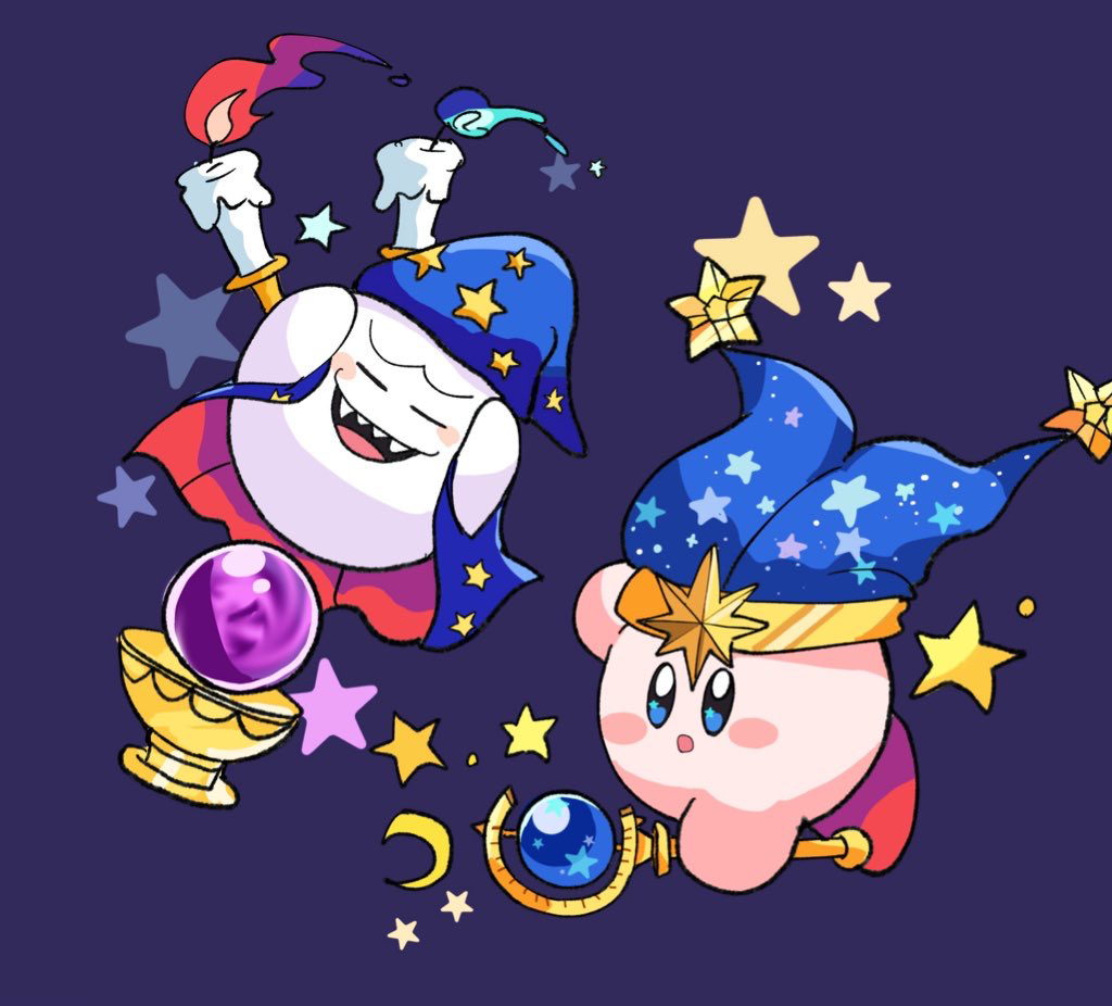beam_kirby, blue_background, blue_cape, blue_hat, blush_stickers, boo_(mario), cape, colored_skin