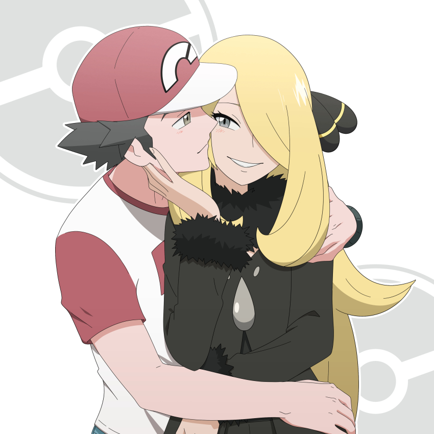 1boy, 1girl, absurdres, baseball_cap, blonde_hair, blush, cynthia_(pokemon), fur_collar