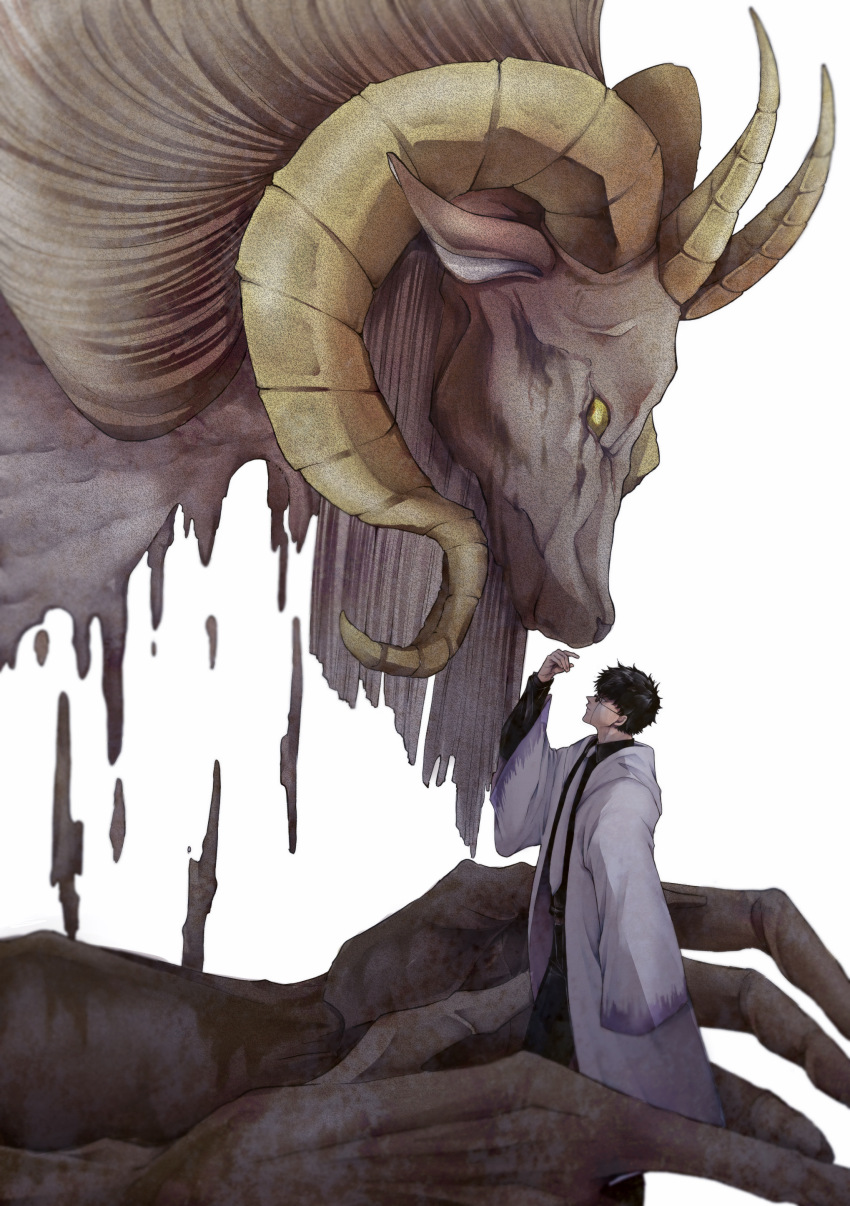 1boy, absurdres, black_hair, black_shirt, collared_shirt, facial_mark, glasses, highres, horns, long_sleeves, male_focus, mashle, minotaur, monster, necktie, robe, round_eyewear, shirt, short_hair, solo, tamano_fuukei, taur, white_robe, wirth_madl