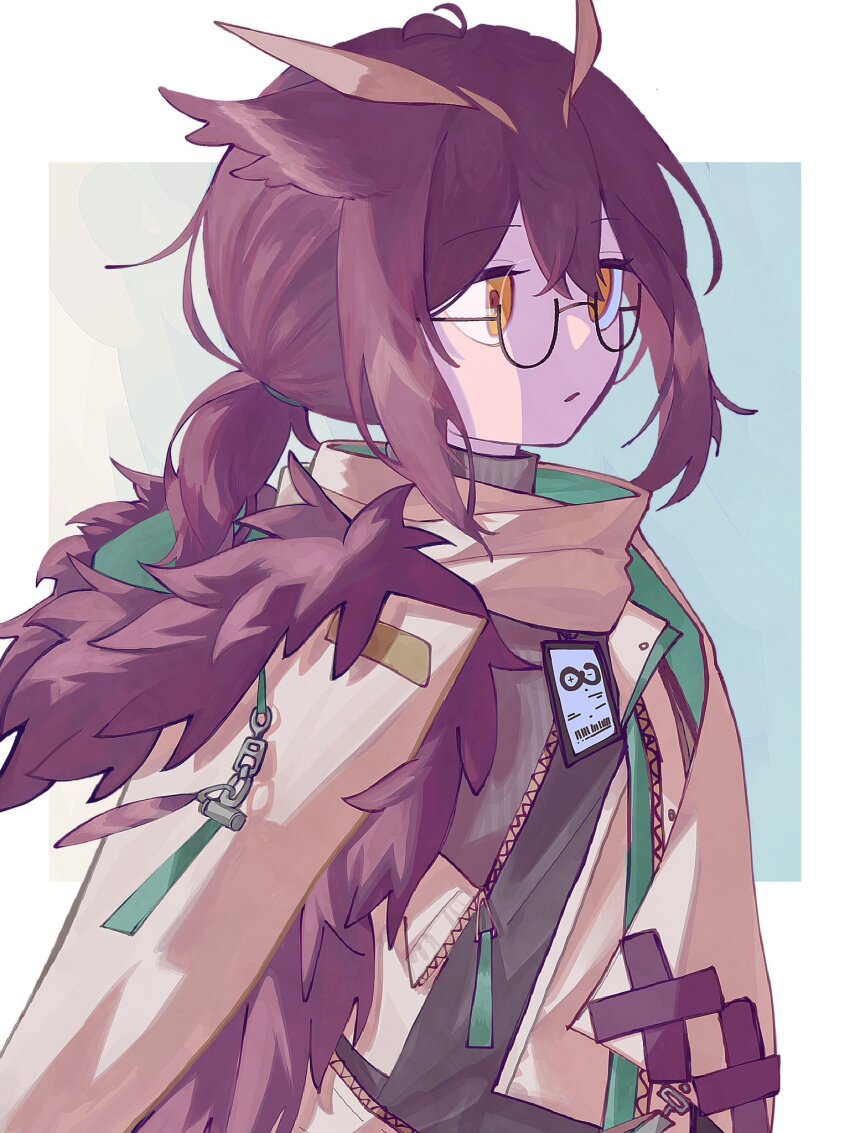 1girl, arknights, black_shirt, border, brown_hair, brown_jacket, coffee_toranpu, commentary