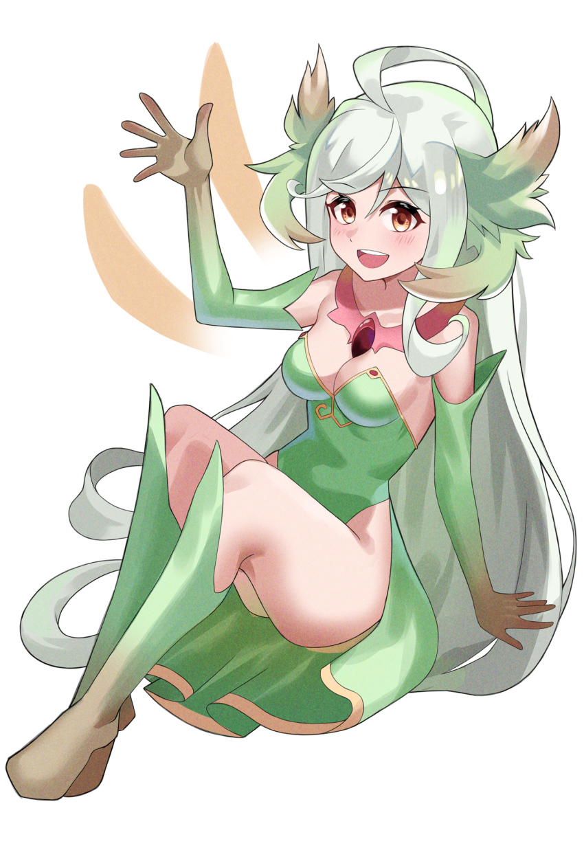 1girl, ahoge, bare_shoulders, blush, boots, breasts, brown_boots, brown_gloves