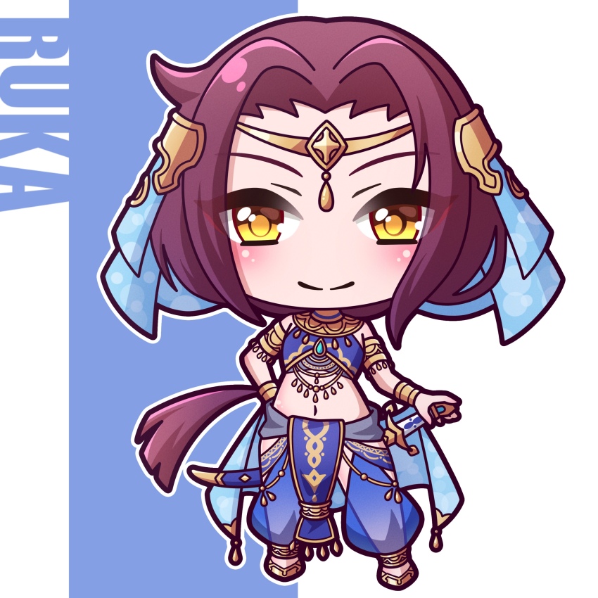 1girl, absurdres, bare_shoulders, blue_background, breasts, brown_eyes, brown_hair, character_name