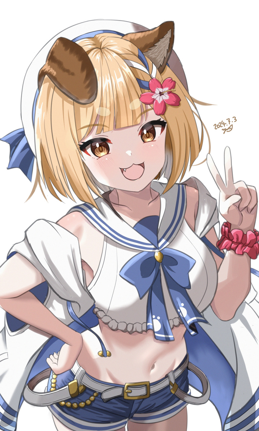 1girl, absurdres, animal_ears, blonde_hair, brown_eyes, dated, fang, granblue_fantasy