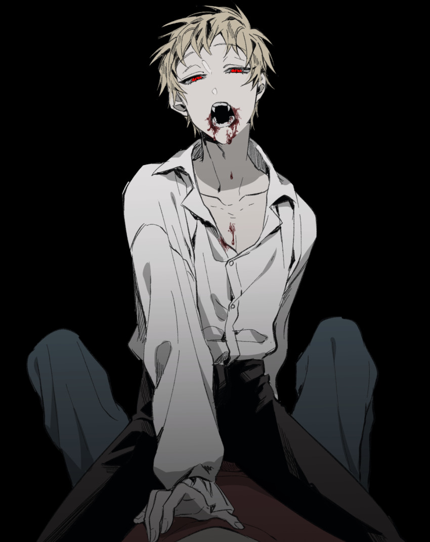 2boys, atou_haruki, black_background, black_pants, blonde_hair, blue_pants, collarbone, collared_shirt