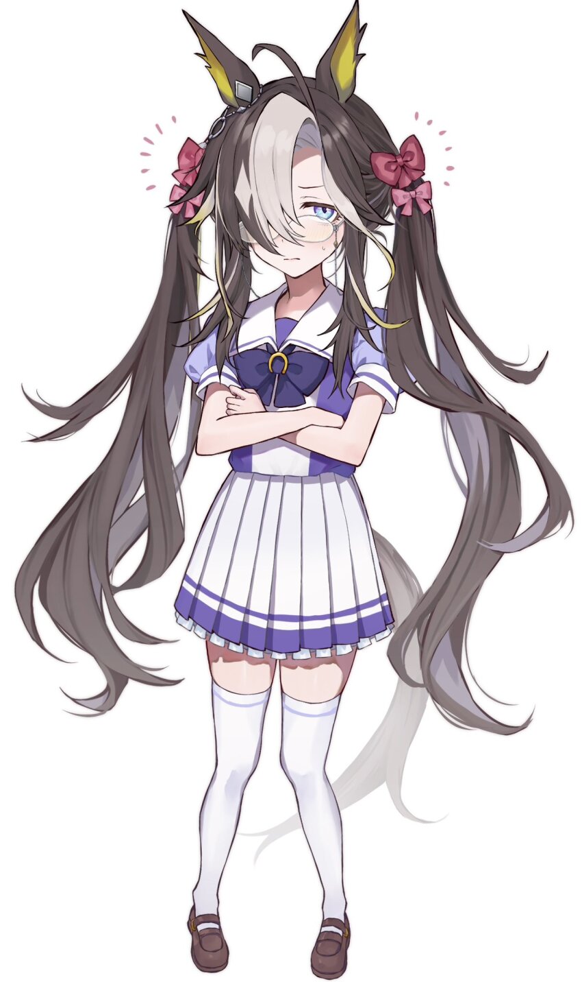 1girl, ahoge, alternate_hairstyle, blue_eyes, blush, crossed_arms, dream_journey_(umamusume), full_body