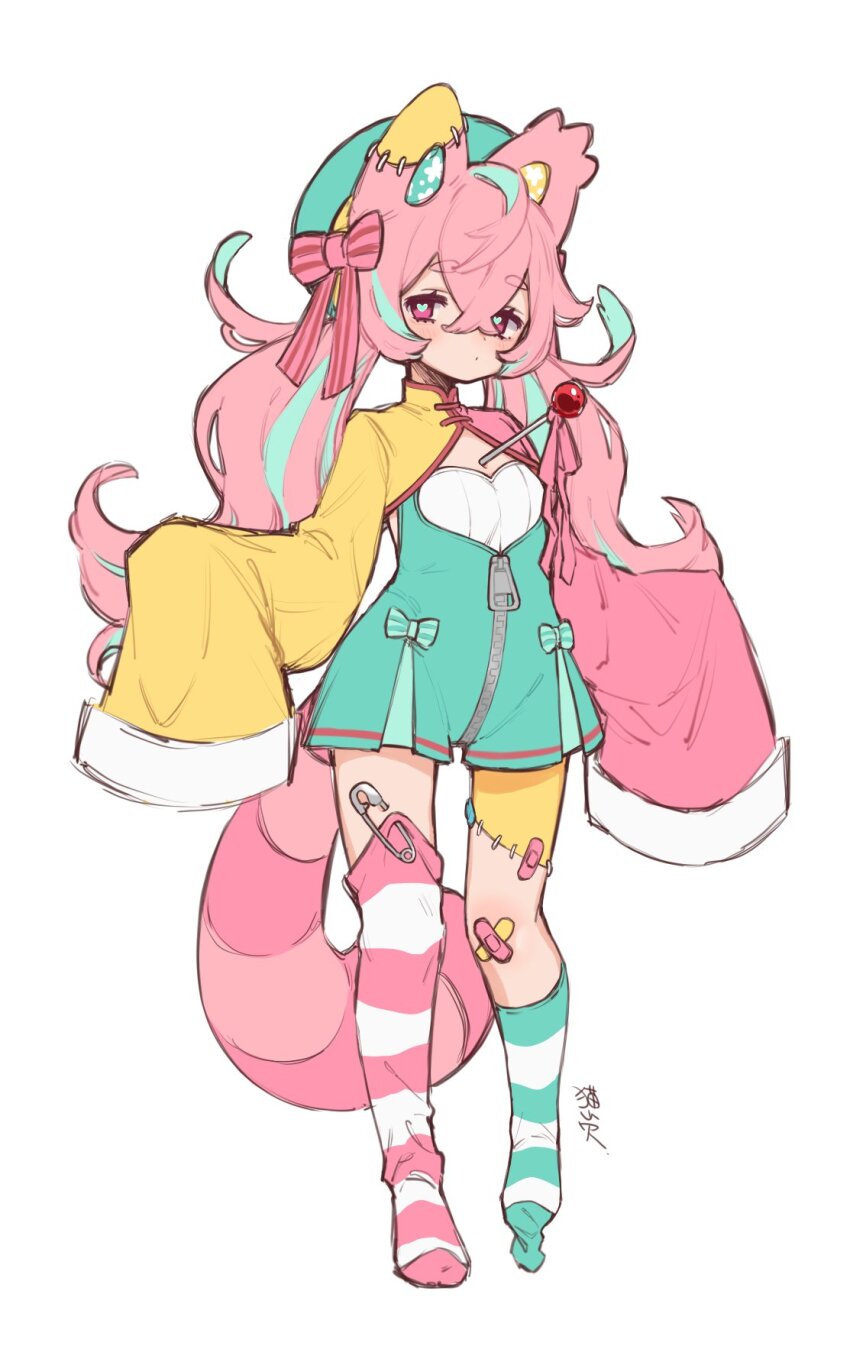 1girl, animal_ears, aqua_hair, aqua_hat, aqua_overalls, asymmetrical_legwear, bandaid, bandaid_on_knee