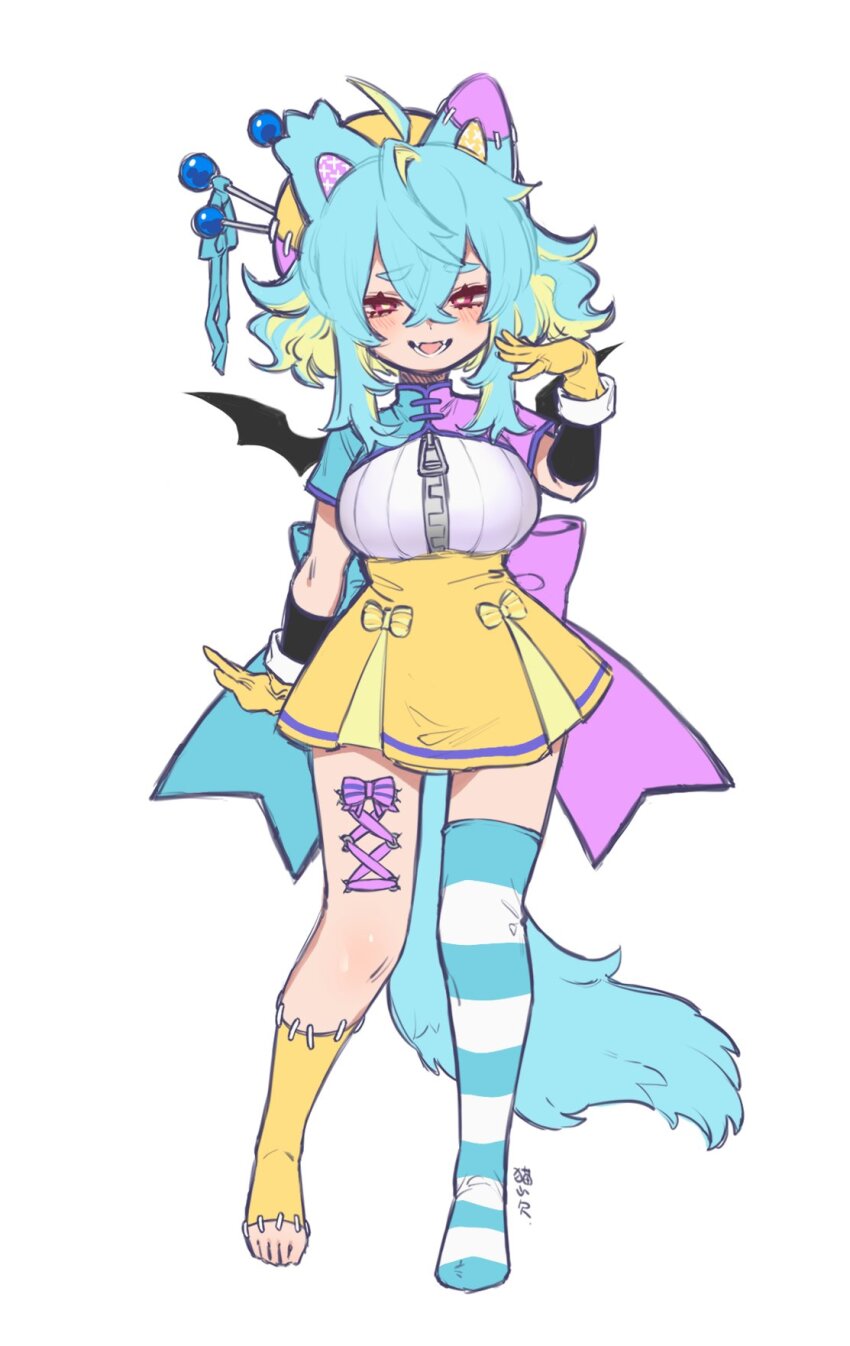 1girl, ahoge, animal_ears, aqua_bow, aqua_hair, aqua_shrug, aqua_tail, artist_name