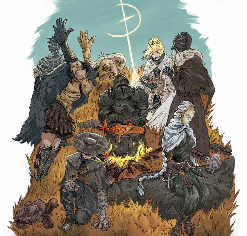 2girls, 5boys, animal, armor, bandaged_arm, bandages, black_cloak, blonde_hair