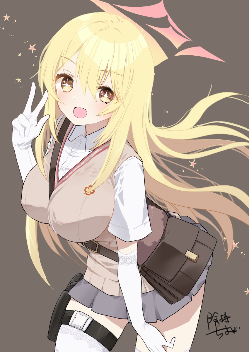 1girl, absurdres, bag, blonde_hair, blue_archive, breasts, brown_background, brown_bag
