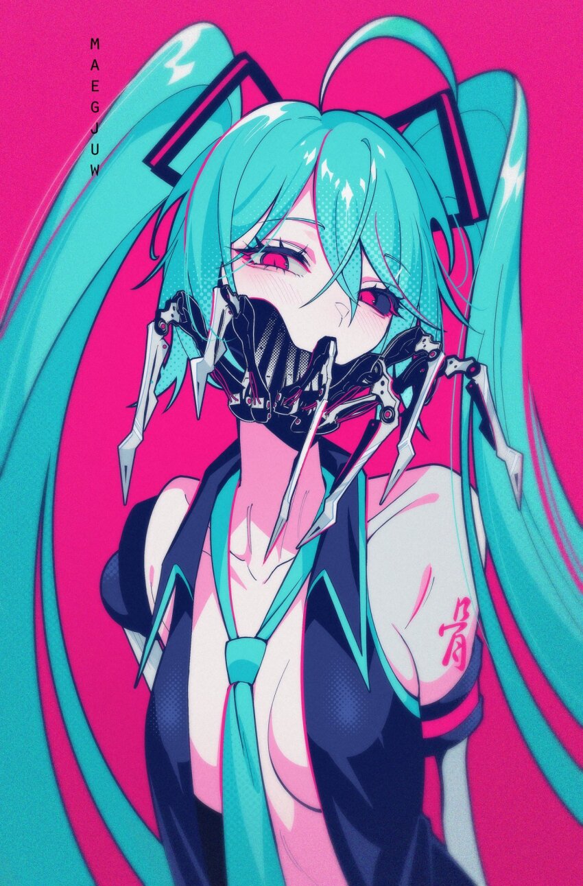 ahoge, amputee, aqua_hair, aqua_necktie, arm_tattoo, artist_name, between_breasts, black_sclera